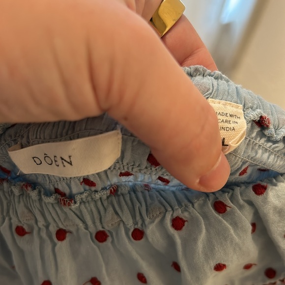 DÔEN Azure Swiss Dot Sol Dress Blue Red Polka Dot Ruffle Midi Maxi - Picture 7 of 7